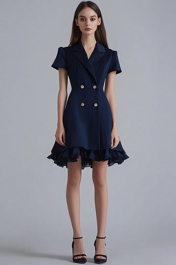 Ruffled Navy A Line V-Neck Mini Dress